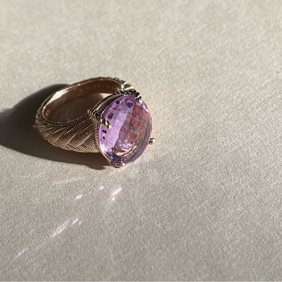 JUDITH RIPKA 925 Sterling Silver Gold Plated Oval-Cut Amethyst Woven Ring